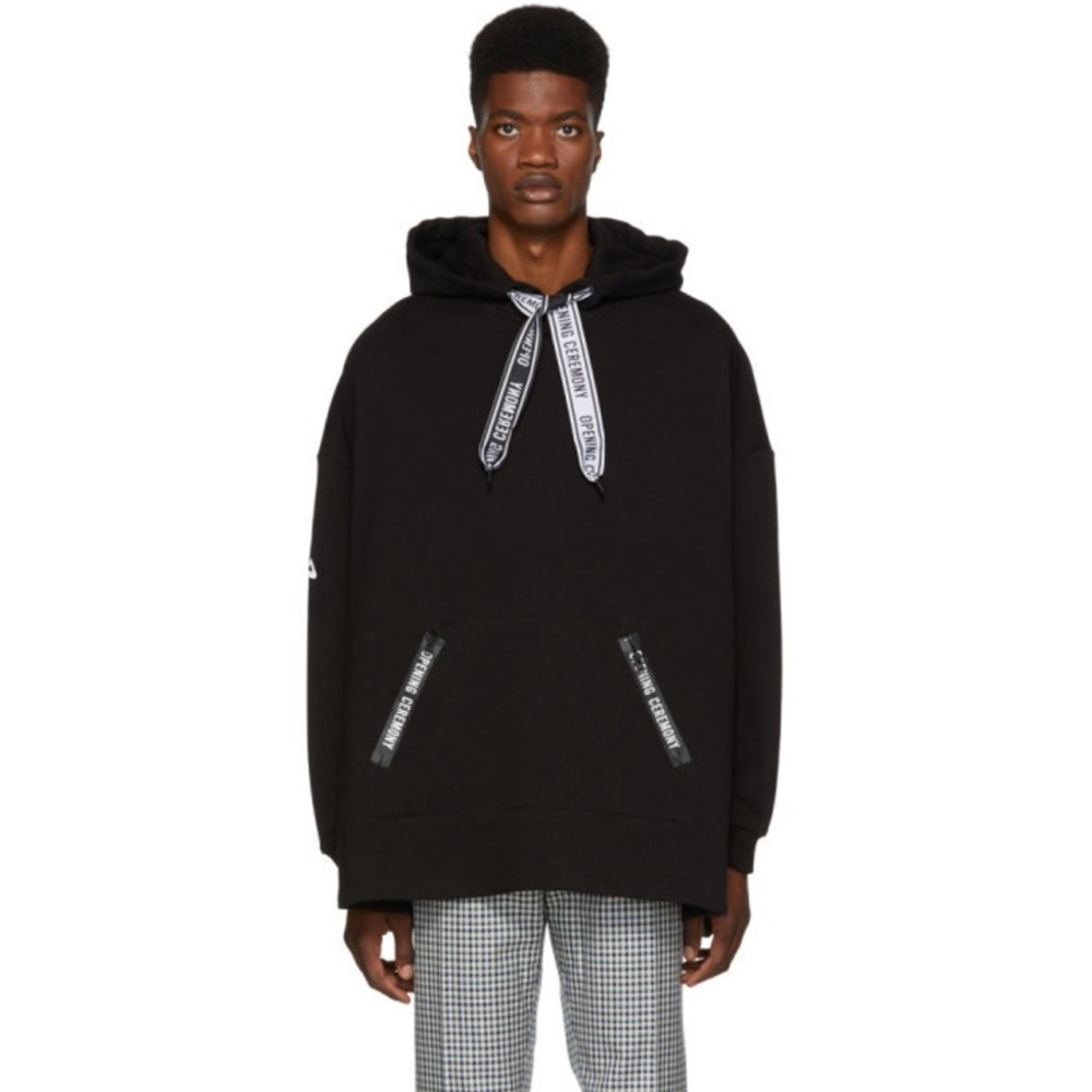 Opening Ceremony Black Logo Poncho Hoodie Front Zip Pockets Dropped Shoulder